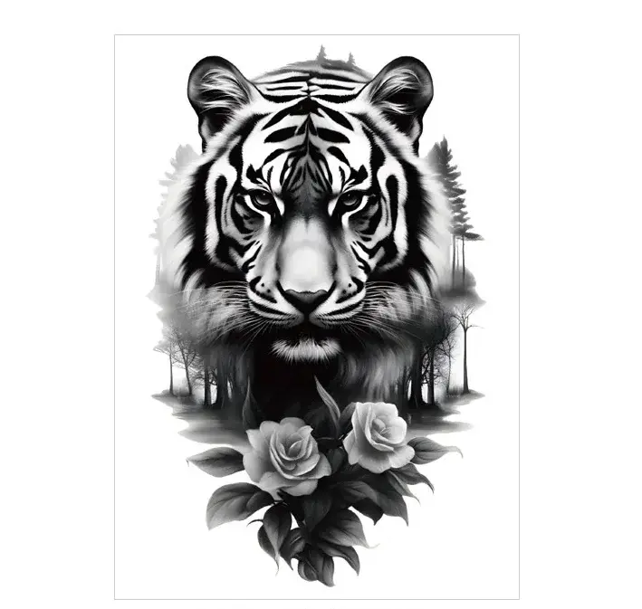 Combine fierceness with beauty in this stickers tattoo style. Our Monochrome Tiger & Rose is powerfully elegant. Waterproof, lasts 3 days.