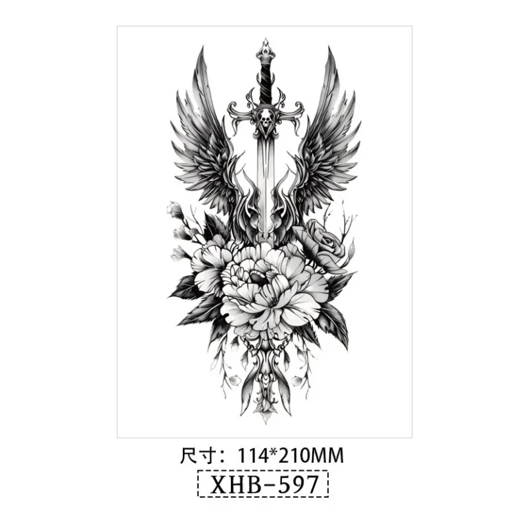 Sword & Winged Floral – All Black Tattoo | Lasts 3 Days