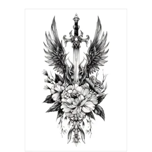 Sword & Winged Floral – All Black Tattoo | Lasts 3 Days