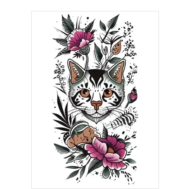 Add whimsical charm with a cat & pink floral realistic tattoo. Safe, sweet, waterproof for 3 days. Free shipping $38+.