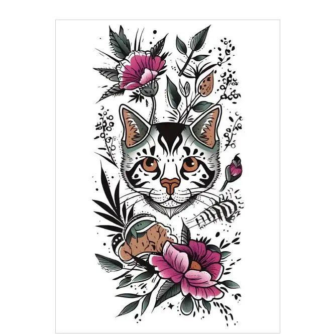 Add whimsical charm with a cat & pink floral realistic tattoo. Safe, sweet, waterproof for 3 days. Free shipping $38+.