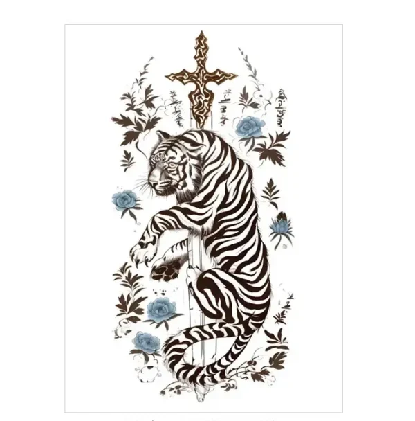 Combine power and faith with tiger & cross with blue roses realistic tattoo stickers. Safe, detailed, lasts 3 days. Free shipping $38+.