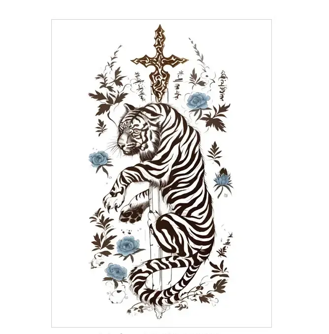 Combine power and faith with tiger & cross with blue roses realistic tattoo stickers. Safe, detailed, lasts 3 days. Free shipping $38+.