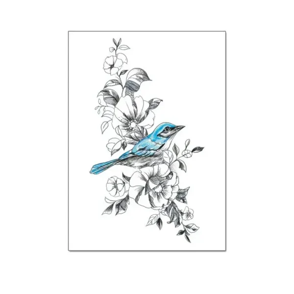 Feminine Tattoo Sticker | Blue Bird & Floral Bouquet – Symbol of Joy, Lasts 3 Days