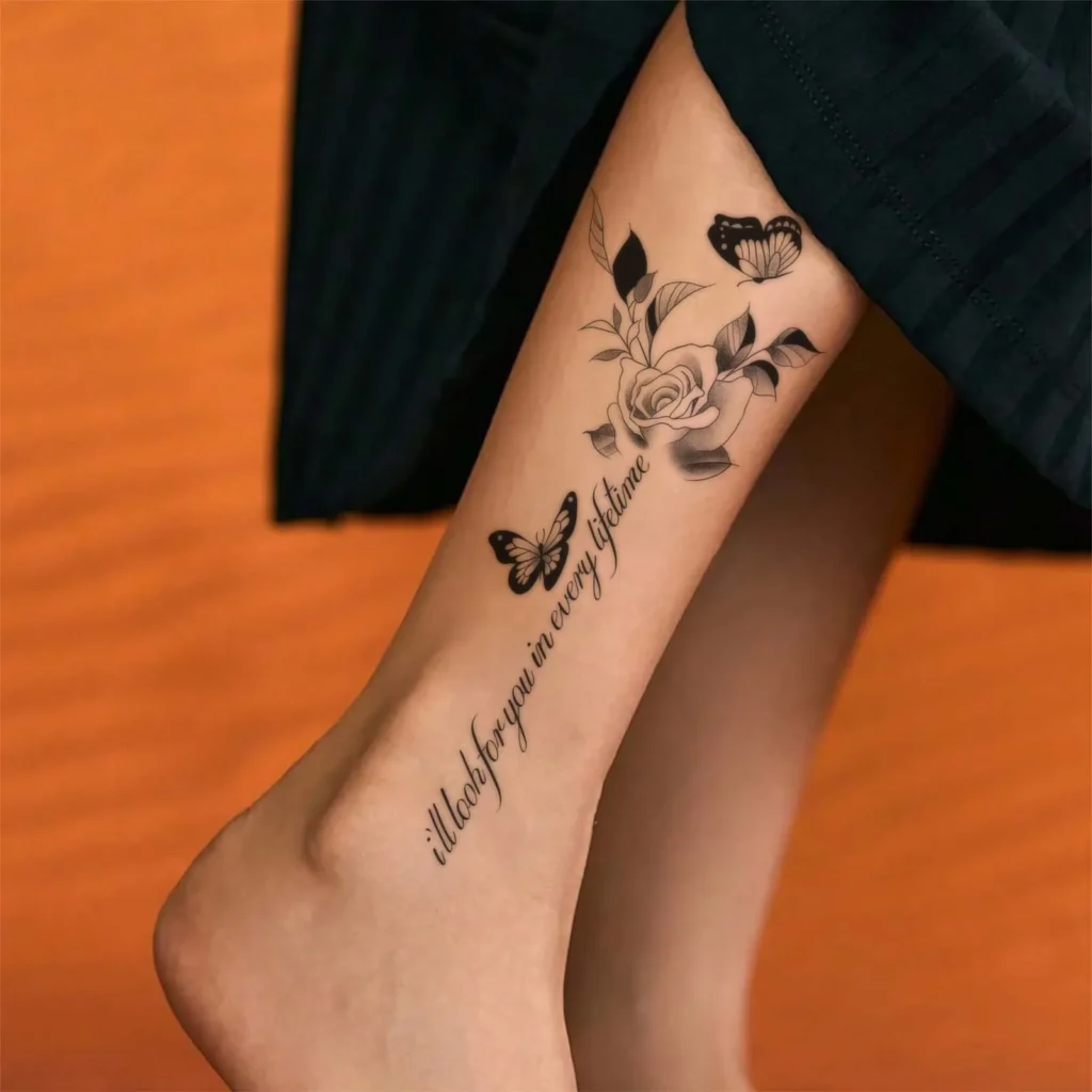 One of the best tattoos for women. Rose, butterfly, and inspirational script. Waterproof, lasts 3 days. Free shipping $38+.