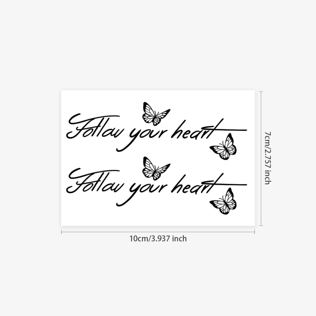 A real tattoo look without the needle. Follow your heart script, herbal formula, lasts 7-14 days.