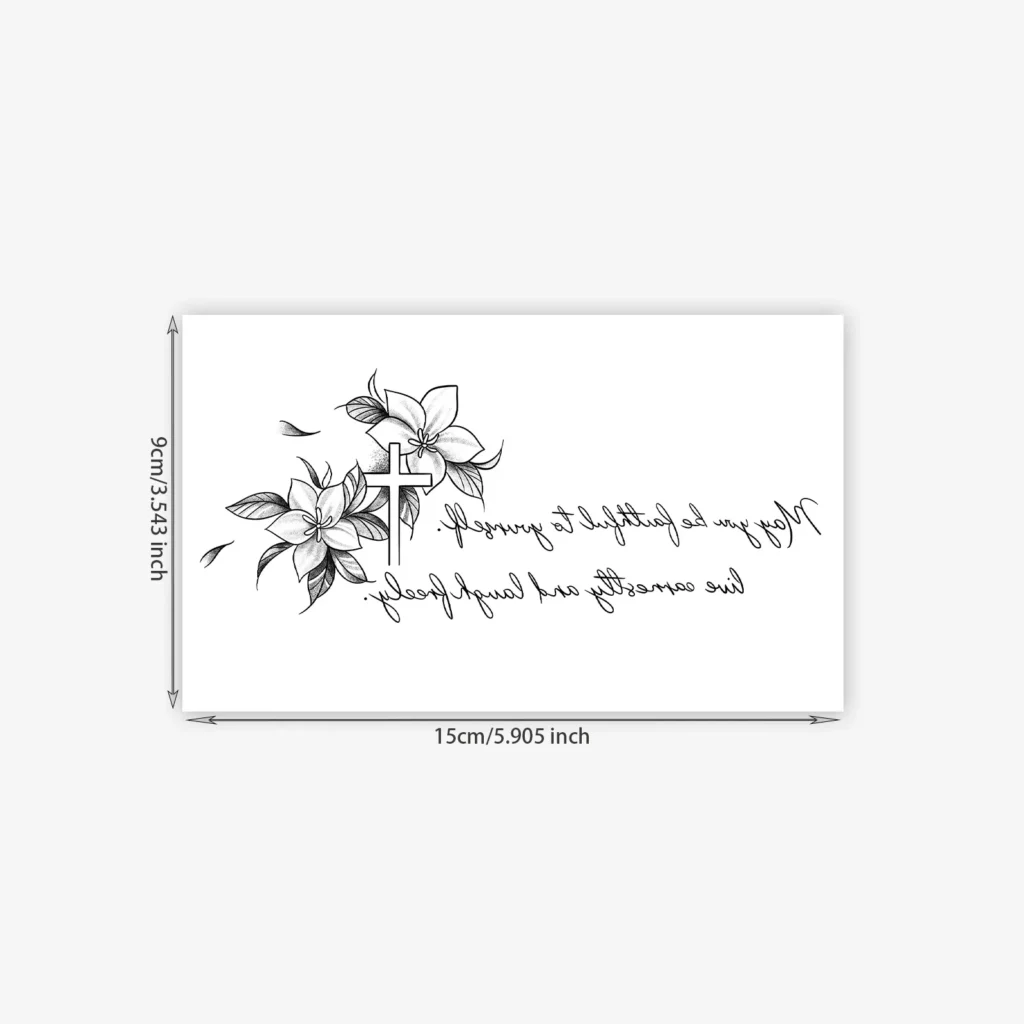 One of the best tattoos for dark aesthetic lovers. Cross, gothic script, ornamental details. Waterproof, lasts 3 days. Free shipping $38+. Shop now.