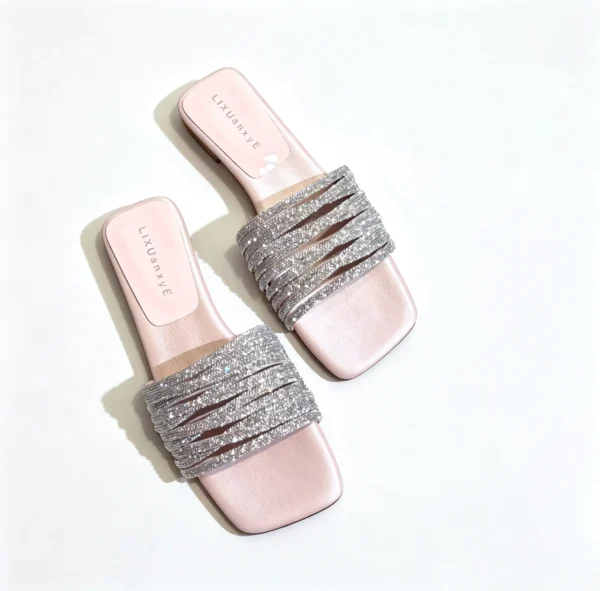 Women's dressy sandals with rhinestone strap. Low heel, comfortable for summer. Perfect for daily wear or parties.