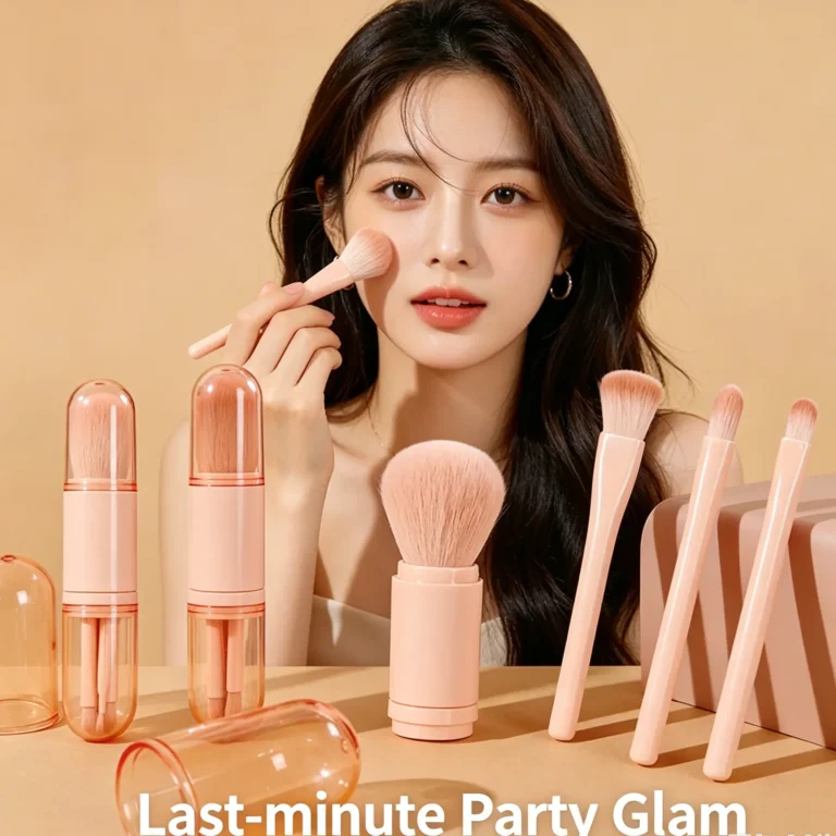 A travel makeup brush set with 4 retractable brushes. Powder, blush, eyeshadow in one portable kit.