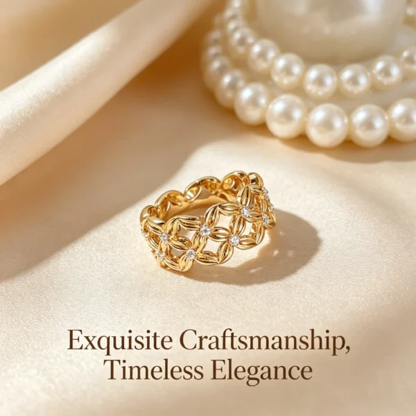 A four leaf clover ring with sparkling cubic zirconia. Adjustable, stackable, and perfect for daily wear or gifting.