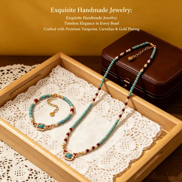 A turquoise beaded necklace with matching bracelet. New Chinese style gemstone set, lightweight and gift-ready. Wear together or separately.