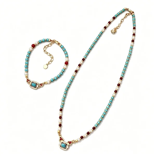 A turquoise beaded necklace with matching bracelet. New Chinese style gemstone set, lightweight and gift-ready. Wear together or separately.