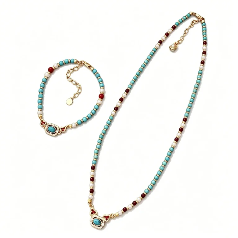 A turquoise beaded necklace with matching bracelet. New Chinese style gemstone set, lightweight and gift-ready. Wear together or separately.