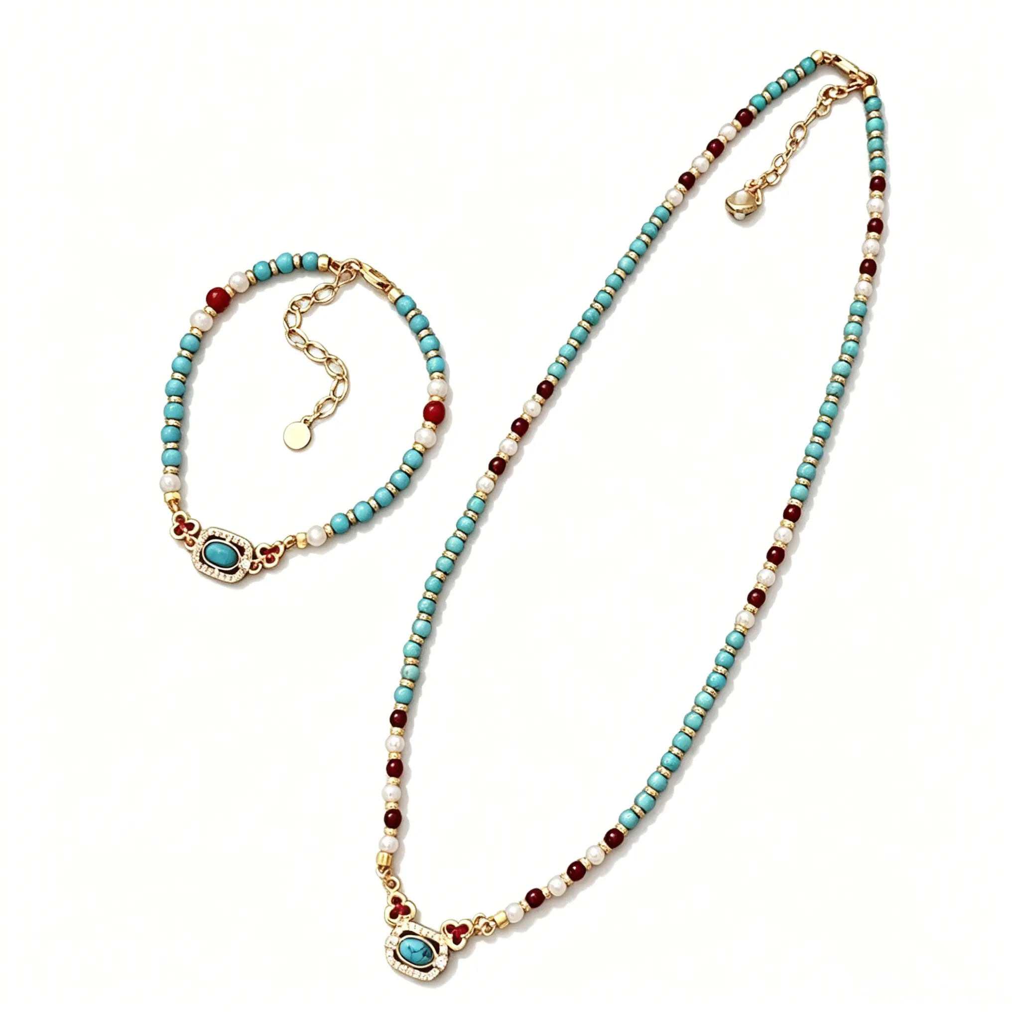 微信图片_20260517154817_314_3 A turquoise beaded necklace with matching bracelet. New Chinese style gemstone set, lightweight and gift-ready. Wear together or separately.