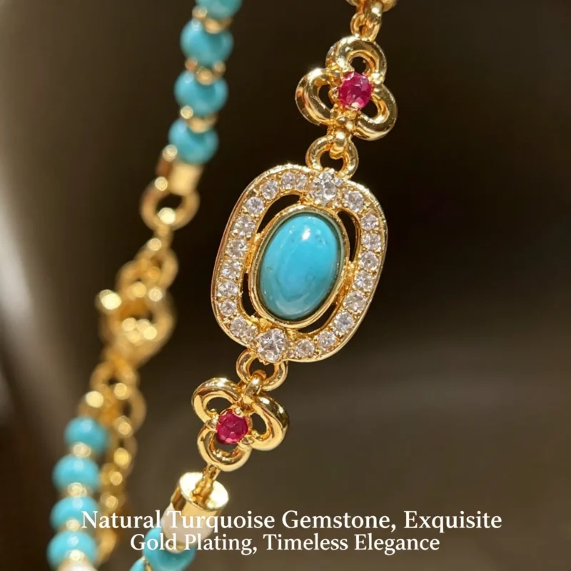 A turquoise beaded necklace with matching bracelet. New Chinese style gemstone set, lightweight and gift-ready. Wear together or separately.