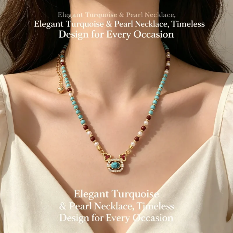 A turquoise beaded necklace with matching bracelet. New Chinese style gemstone set, lightweight and gift-ready. Wear together or separately.