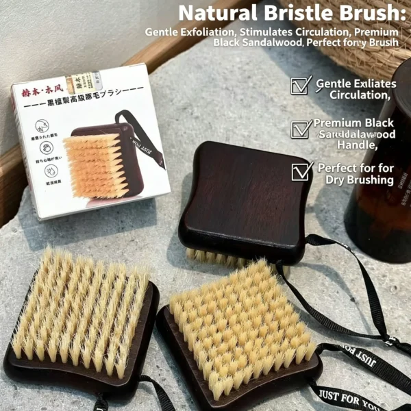 A body brush for shower with natural bristle and long wooden handle. Back scrubber for women, great for dry brushing. Available in soft or stiff bristle.