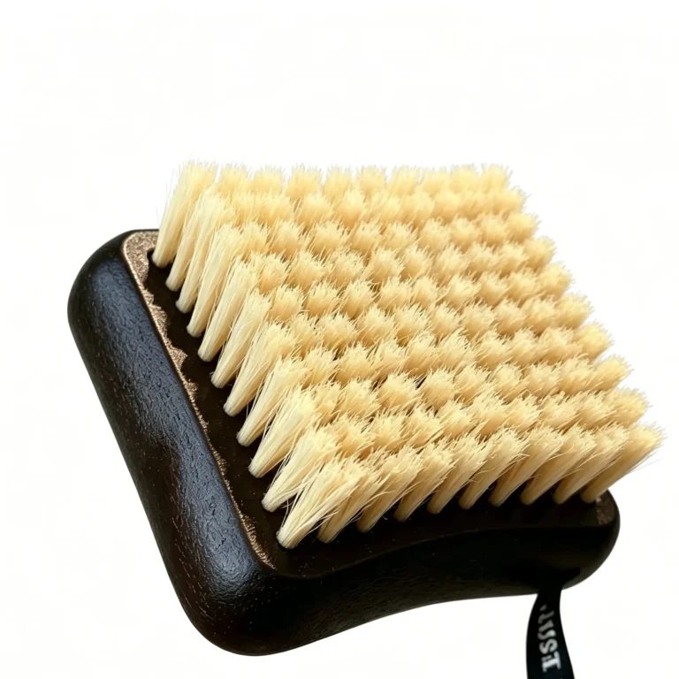 A body brush for shower with natural bristle and long wooden handle. Back scrubber for women, great for dry brushing. Available in soft or stiff bristle.
