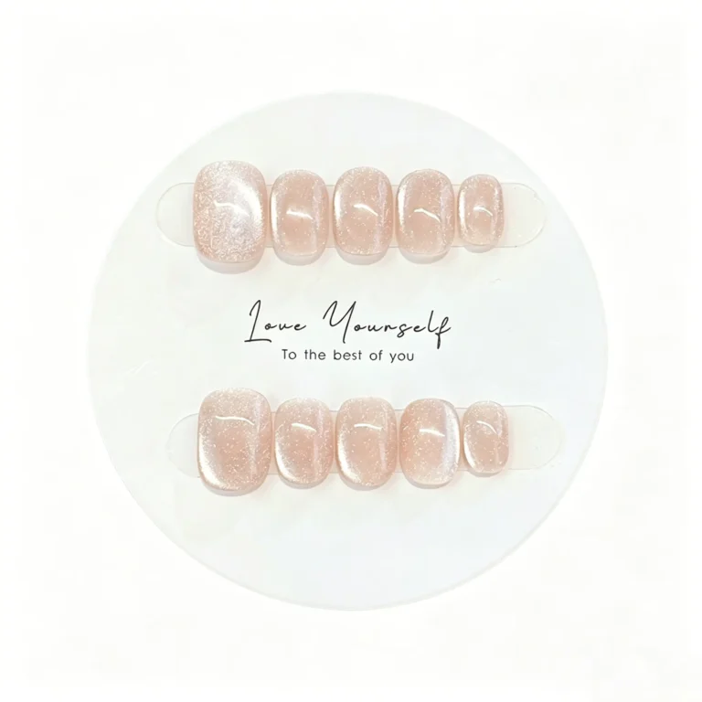Short press on nails with cat eye glossy finish. Nude reusable fake nails for women. Easy to apply, natural look. XS, S, M sizes available.