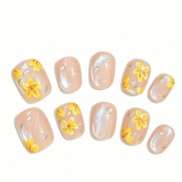 Colorful Press On Nails – Yellow Cat Eye Short Spring Fake Nails for Women