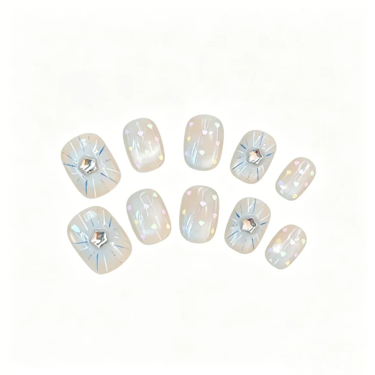 Blue press on nails with winter cat eye and snowflake design. Short, reusable fake nails for holiday or daily wear. Ice blue with silver sparkles.