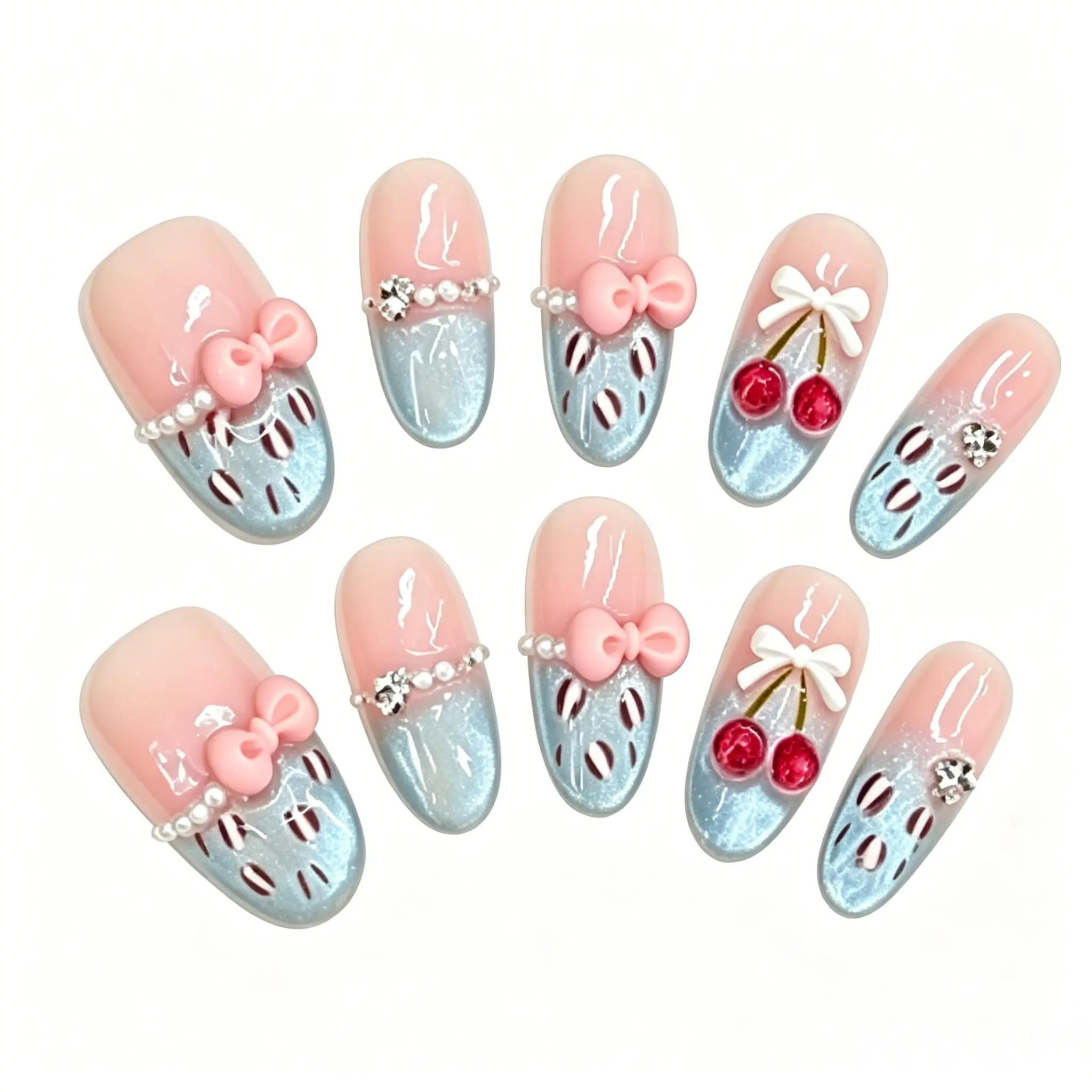 微信图片_20260518182449_373_3 Cherry press on nails with hand painted bow design. Medium length, cute girly false nails for daily wear. 3D cherries and glossy finish.