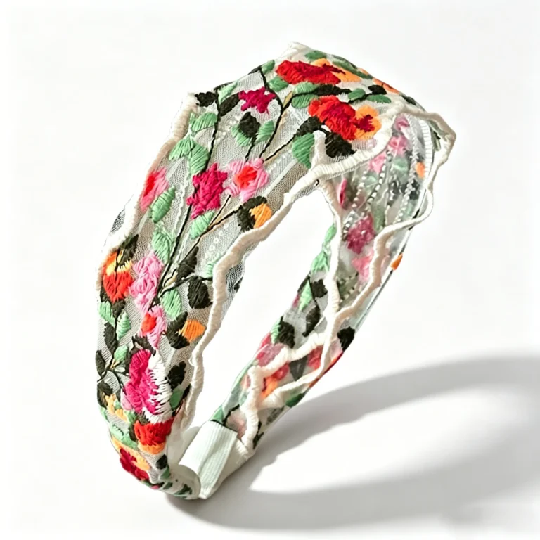 Embroidered headband with vintage floral design. Cotton boho hairband for women, soft and comfortable. Available in black and ivory.