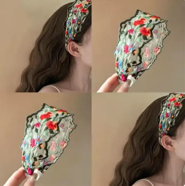 Embroidered headband with vintage floral design. Cotton boho hairband for women, soft and comfortable. Available in black and ivory.