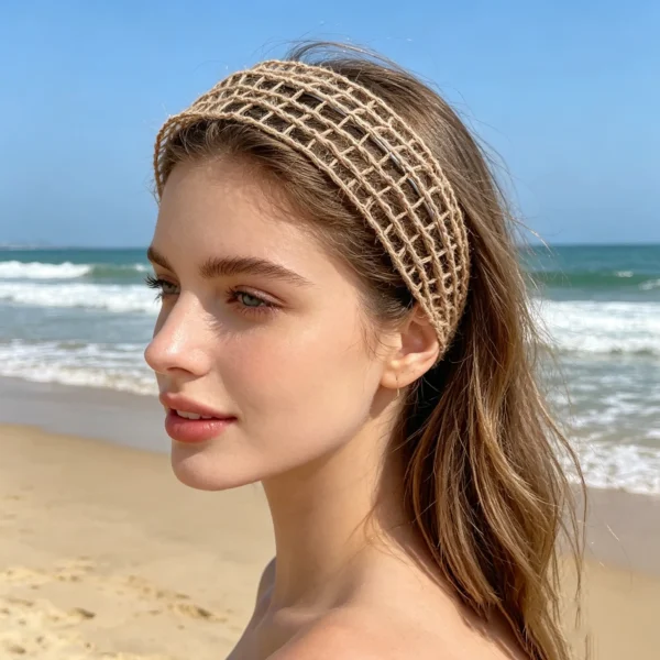 Boho headband in woven linen. Wide stretchy hair band for travel, vacation photos, or daily boho style. Soft, breathable, and effortlessly cool.