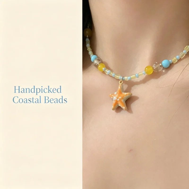 Beaded choker necklace with starfish charms. Ocean themed summer beach jewelry for women. Handmade, colorful, and lightweight.