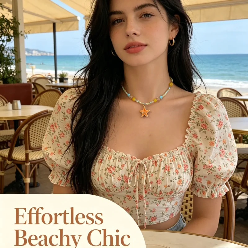 Beaded choker necklace with starfish charms. Ocean themed summer beach jewelry for women. Handmade, colorful, and lightweight.