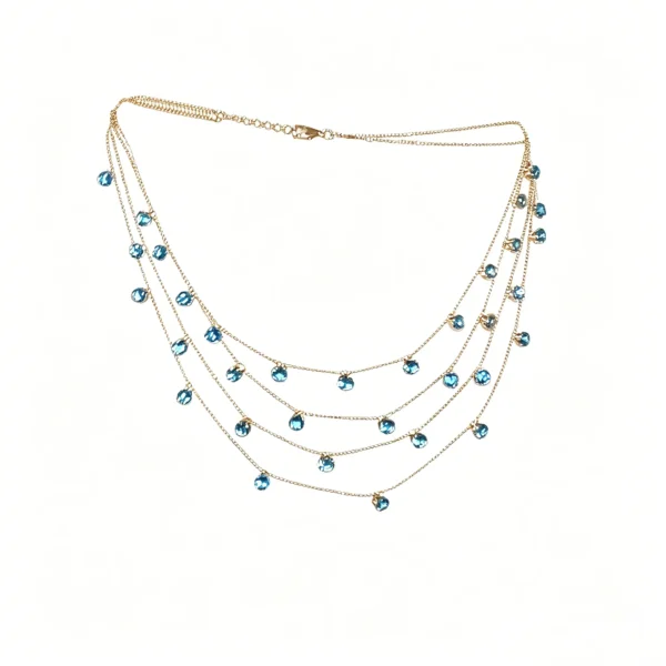 Layered crystal necklace with blue teardrop pendant. Two layer chain choker for women. Delicate and lightweight. Available in Blue and Pink.