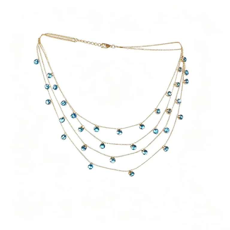 Layered crystal necklace with blue teardrop pendant. Two layer chain choker for women. Delicate and lightweight. Available in Blue and Pink.
