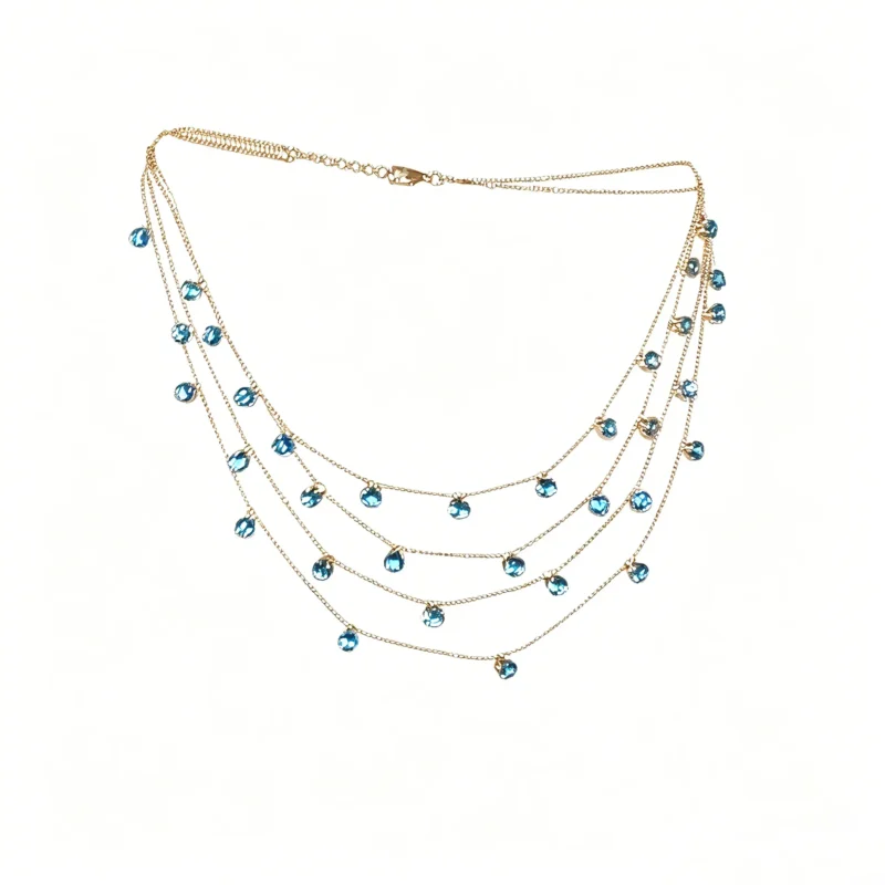 Layered crystal necklace with blue teardrop pendant. Two layer chain choker for women. Delicate and lightweight. Available in Blue and Pink.