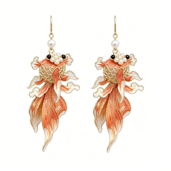 Chinese Style Earrings – Yellow Koi Fish Enamel Tassel Drop Earrings