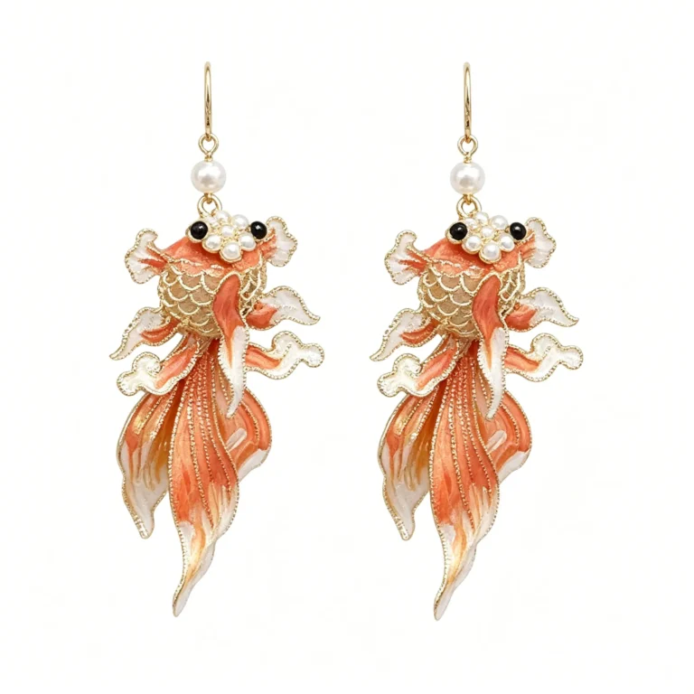 Chinese Style Earrings – Yellow Koi Fish Enamel Tassel Drop Earrings
