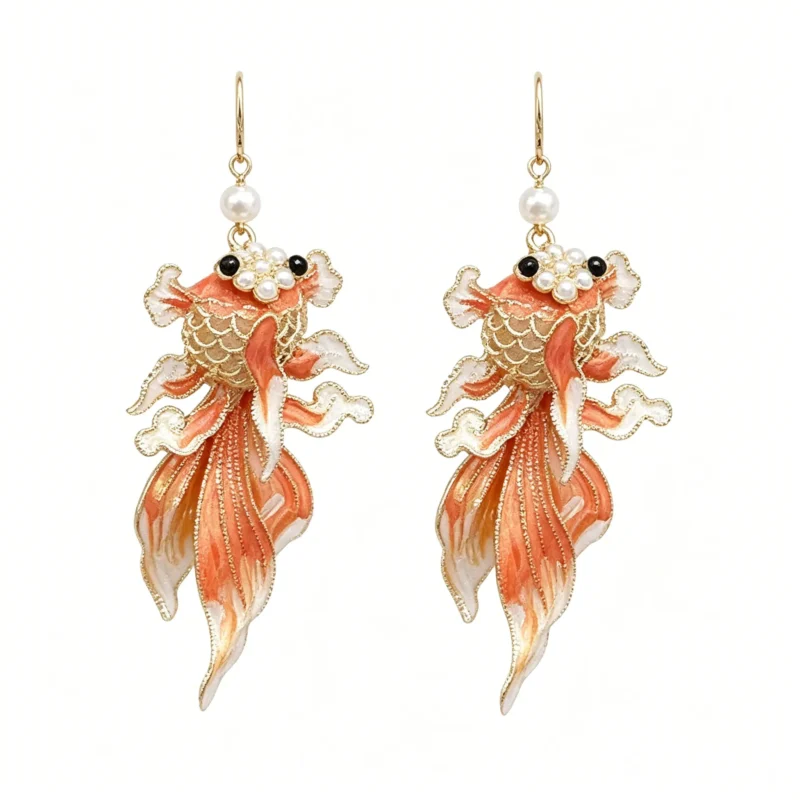 Chinese Style Earrings – Yellow Koi Fish Enamel Tassel Drop Earrings