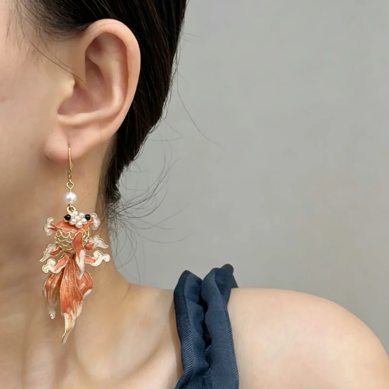Chinese Style Earrings – Yellow Koi Fish Enamel Tassel Drop Earrings