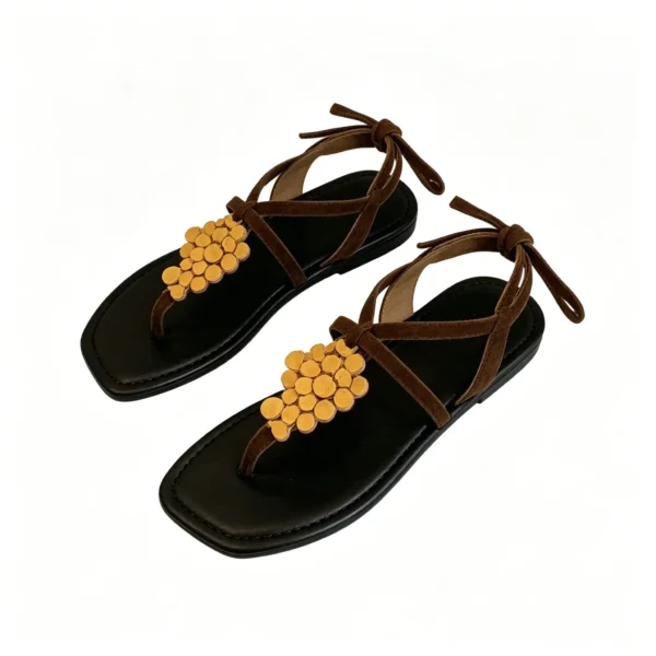 Leather Flat Sandals – Cross Strap Roman Toe Loop Summer Shoes for Women