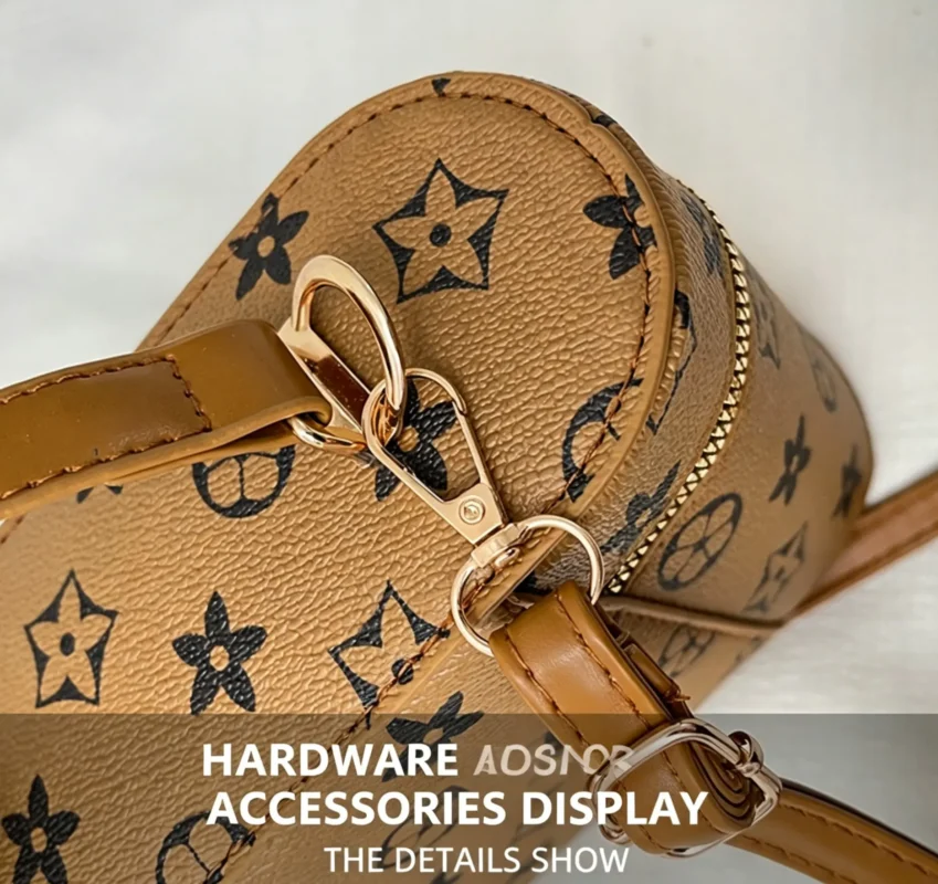 Monogram shoulder bag with classic print. Small designer style vintage PU purse. Lightweight and versatile.