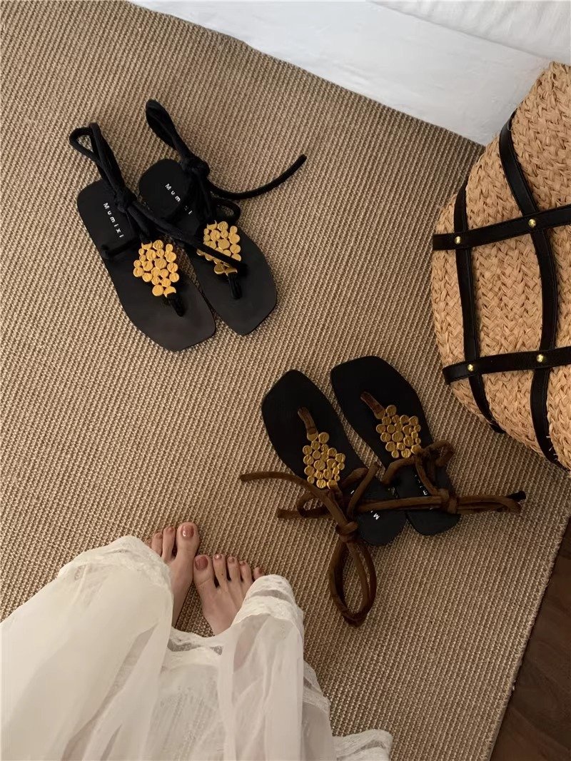 详情_02 Leather Flat Sandals – Cross Strap Roman Toe Loop Summer Shoes for Women