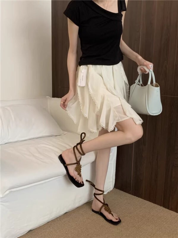 Leather Flat Sandals – Cross Strap Roman Toe Loop Summer Shoes for Women