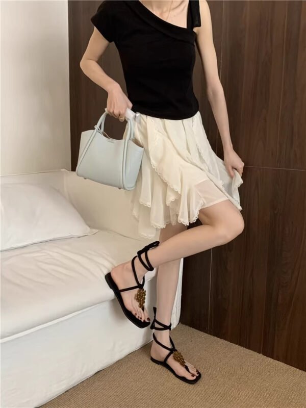 Leather Flat Sandals – Cross Strap Roman Toe Loop Summer Shoes for Women