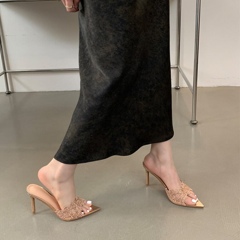 Embroidered Heel Sandals – Pointed Toe Floral Stiletto Slides for Women