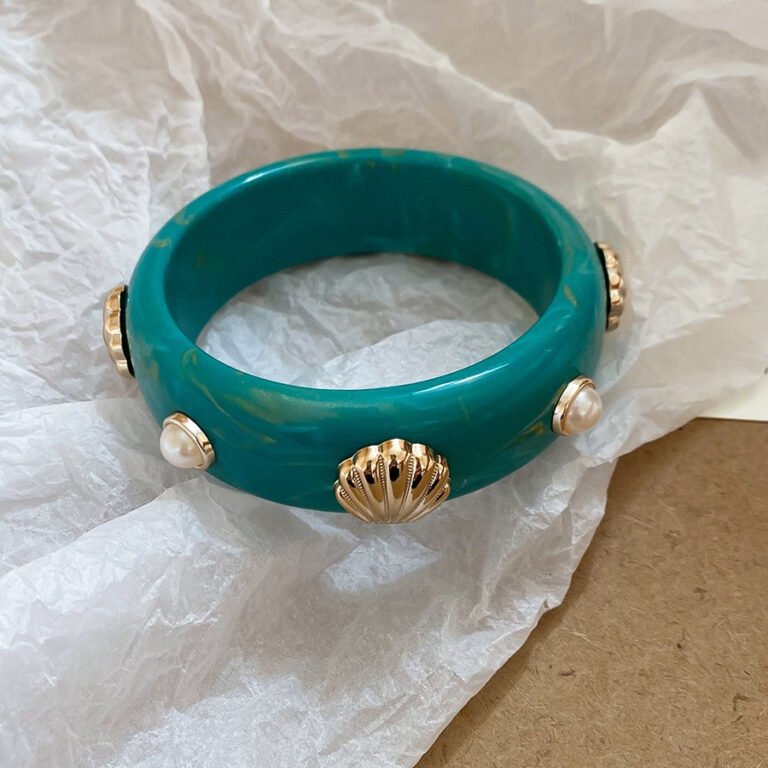 Teal Resin Bangle – Seashell Pearl Coastal Summer Bracelet for Women