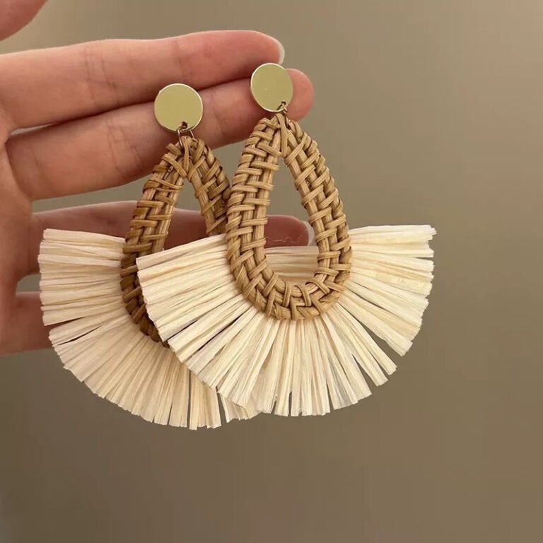 Rattan Tassel Earrings – Teardrop Woven Raffia Fan Drop Boho Jewelry for Women