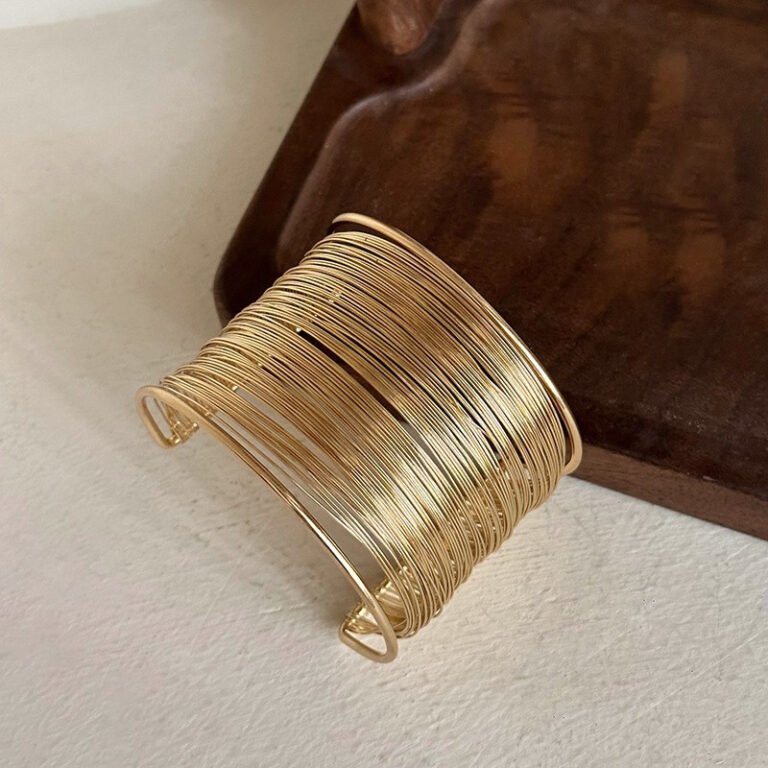 Gold Wire Cuff Bangle – Layered Adjustable Minimalist Bracelet for Women