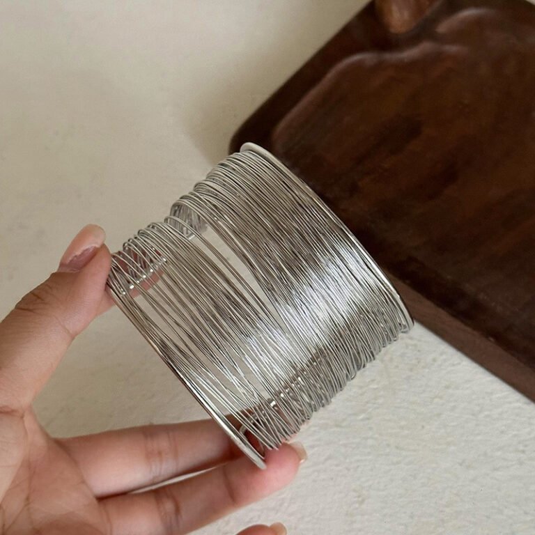 Silver Wire Cuff Bangle – Layered Adjustable Minimalist Bracelet for Women
