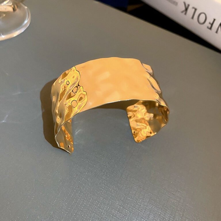 Hammered Gold Cuff – Irregular Texture Wide Artisan Bracelet for Women