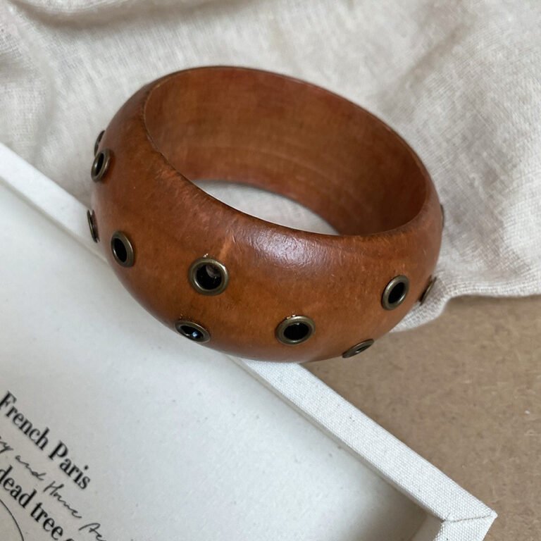 Vintage Wood Bangle – Solid Natural Boho Rivet Cuff Bracelet for Women